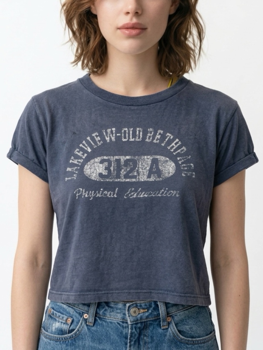NWT • Free People • Distressed Navy Athletic Graphic Tee Top Size Large
